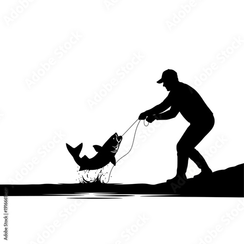 Silhouette of a fisherman reeling in a large fish from the water.