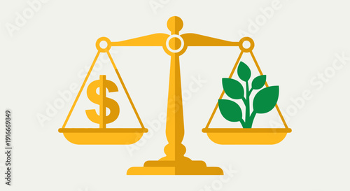 Golden Scales Balancing Dollar Sign and Green Plant Symbol.