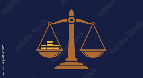 Golden Scales of Justice Balancing Coins and Empty Tray.