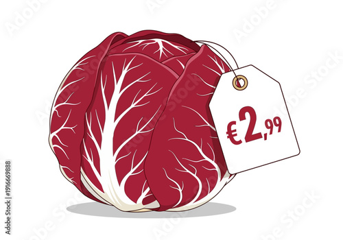 Fresh Red Radicchio Vegetable with Price Tag.