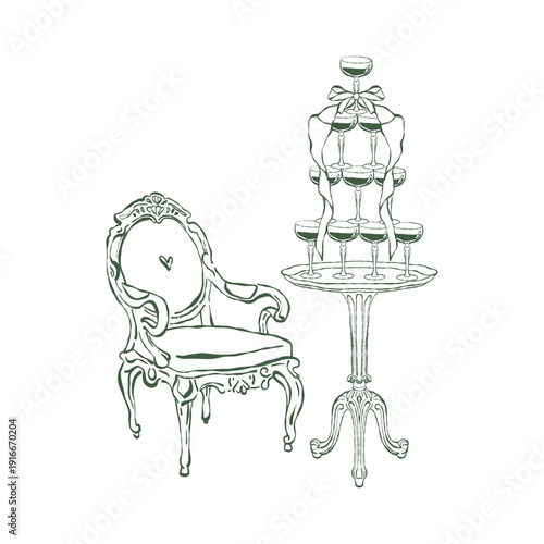 A classic small table with a champagne tower adorned with a whimsical bow. A soft Victorian-style armchair. Vintage wedding illustration. Baroque and Rococo interior. Vector outline drawing.