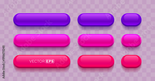 Modern 3D glossy web buttons in vibrant purple and pink shades.