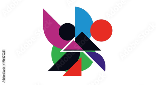 Abstract geometric shapes in a vibrant composition featuring circles, triangles, and rectangles in a dynamic arrangement