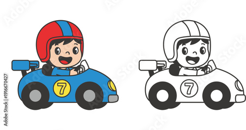 Cute cartoon boy driving a blue race car with coloring book page. Vector illustration of a happy kid racer in a go-kart with number 7. Colored and outline version isolated on white background.