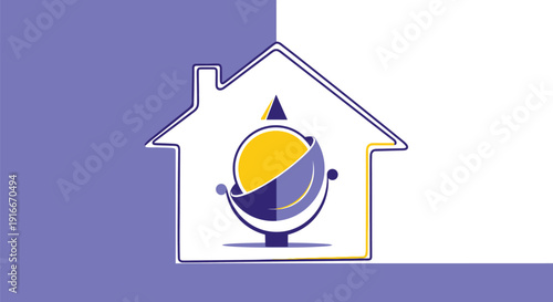 Abstract Globe Symbol Inside House Outline.