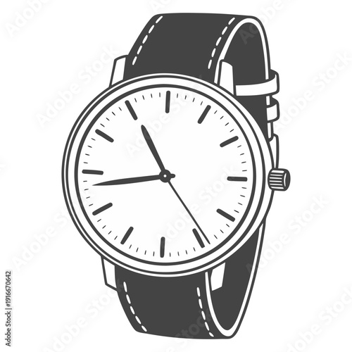 A realistic illustration of a classic analog wristwatch with a black strap and a white face. The watch has minimalistic black hour and minute markers. The time on the watch shows exactly 101036, with 