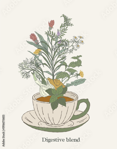Digestive Herbal Blend Tea Cup Illustration