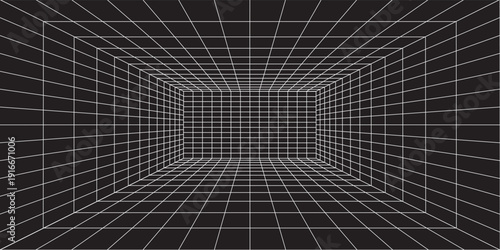 Grid room in perspective in 3d style. Indoor wireframe from white laser beam,  digital empty box. Abstract geometric design. Vector illustration