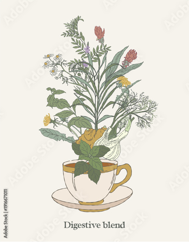 Digestive Herbal Blend Tea Cup Illustration