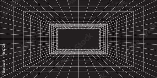 Grid room in perspective in 3d style. Indoor wireframe from white laser beam,  digital empty box. Abstract geometric design. Vector illustration