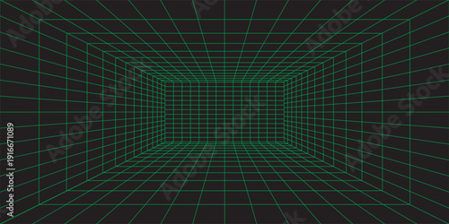 Empty futuristic digital box room. Wireframe grid template in perspective
