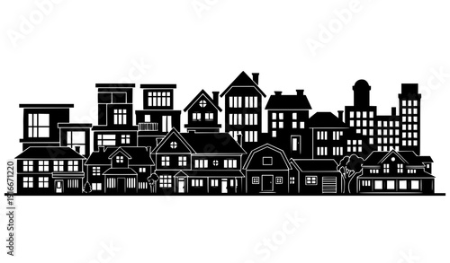 Residential Neighborhood Skyline Silhouette Modern and Traditional House Icons Vector Illustration