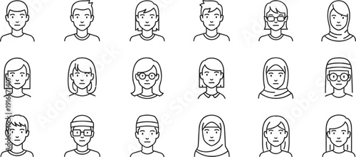 Vector illustration of diverse human face avatars symbolizing identity, inclusivity, culture, community, personalization, education, and social values