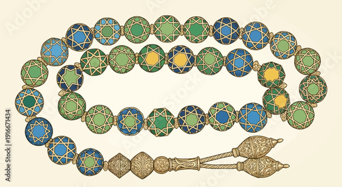 Ornate Islamic prayer beads with intricate geometric star patterns and gold details