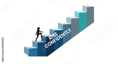 Business growth and success concept with person climbing stairs with 'RISE CONFIDENTLY' motivational phrase, vector illustration.