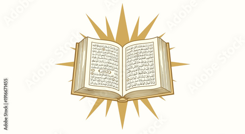 Open Holy Quran book with golden starburst background illustration