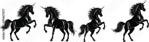 Vector illustration of unicorn silhouettes in prancing poses, fantasy black artwork featuring horns, flowing manes, and dynamic raised legs