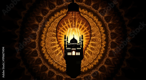 Islamic culture and Ramadan light concept with mosque silhouette inside a light bulb.
