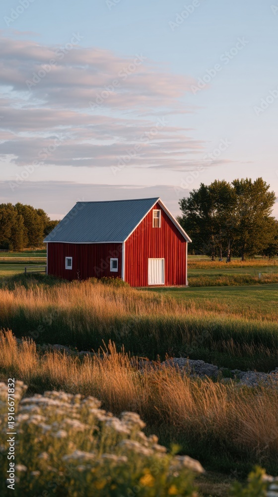 Obraz premium Tranquil Red Barn Nestled in Lush Grassland Under a Golden Evening Sky