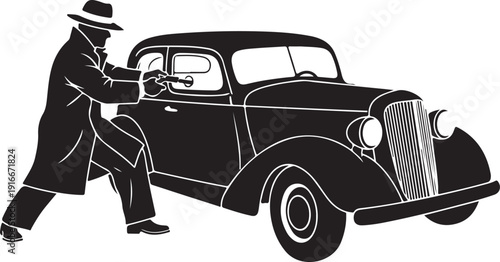 Vintage minimalist illustration of a man opening a car door