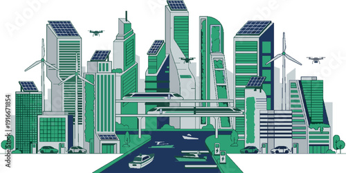 Futuristic Eco-Friendly Smart City Vector Illustration with Green Energy and Modern Transportation
