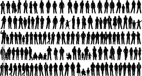 Vector illustration of diverse human silhouettes in standing, sitting, and group poses symbolizing culture, community, inclusivity, education, and decorative design