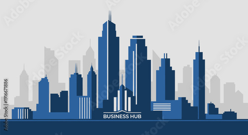 Modern Blue Cityscape with Tall Skyscrapers and Business Hub.