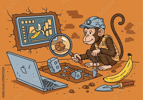Monkey Archaeologist Studying Ancient Artifacts with Technology.