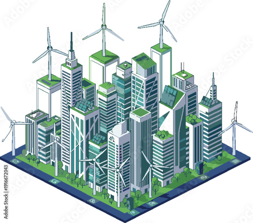 Futuristic Eco-Friendly Smart City Vector Illustration with Green Energy and Modern Transportation
