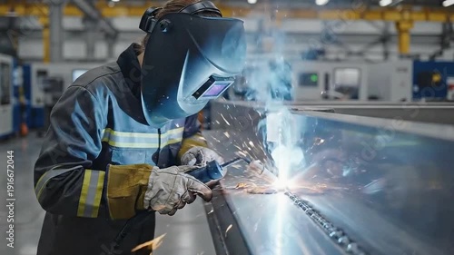 Industrial Worker Performing Arc Welding on Steel Structure with Bright Sparks