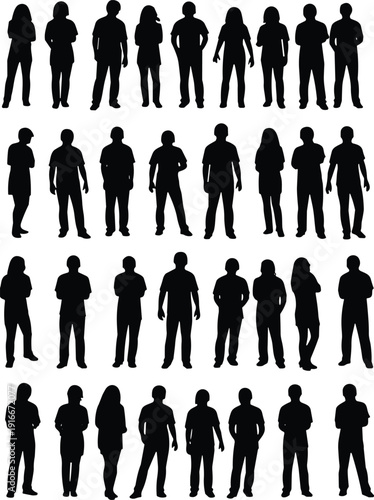 Vector illustration of diverse human silhouettes in standing, sitting, and gesturing poses symbolizing posture, culture, community, education, and design