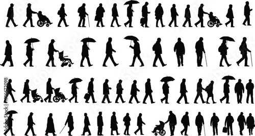 Vector illustration of walking silhouettes with strollers, canes, umbrellas, and walkers symbolizing mobility, inclusivity, culture, education, and social values