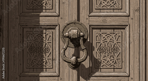 Antique wooden door with ornate metal knocker and carved panels.