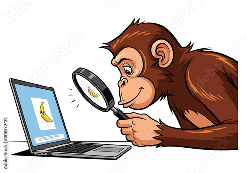 Monkey Examining Banana on Laptop Screen with Magnifying Glass.