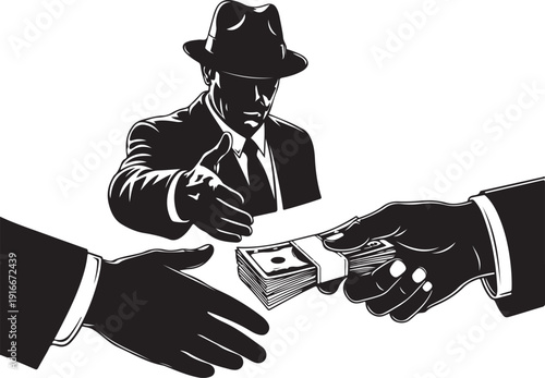 Minimalist black and white vector illustration of a bribery scene