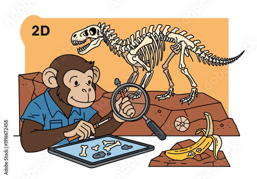 Monkey paleontologist examines dinosaur bones with magnifying glass.