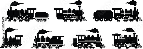 Vector illustration of diverse steam locomotive silhouettes symbolizing transportation, travel, history, culture, engineering, education, and social values
