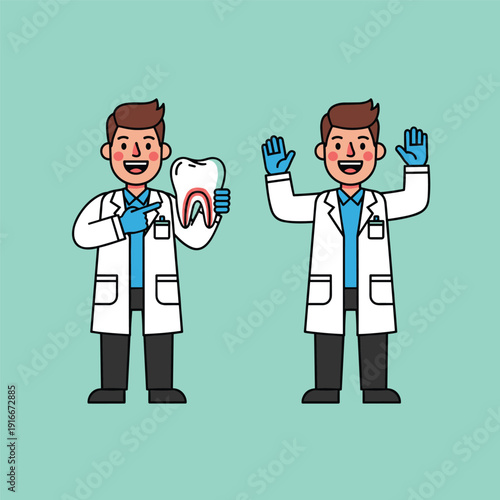 Cartoon Dentist in Lab Coat Holding Tooth.