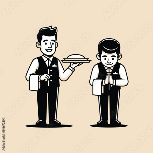 Cartoon Waiters Serving Food in Restaurant.