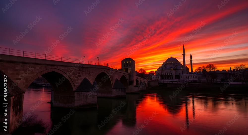 Fototapeta premium Mosque and Bridge at Dramatic Sunset Reflections
