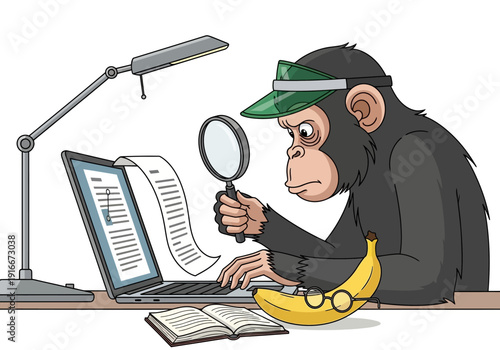 Monkey with Magnifying Glass Studying Laptop Document.