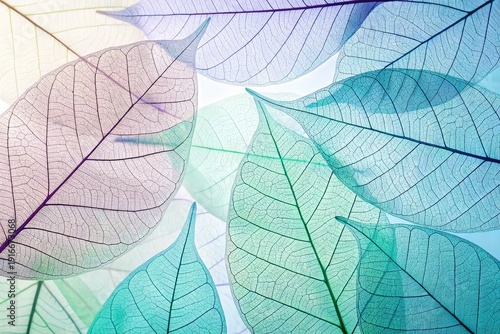 Delicate leaf skeletons in pastel colors create a serene natural pattern