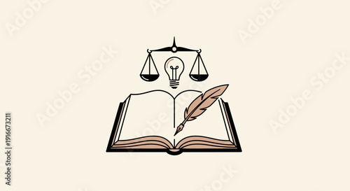 Open Book with Quill and Lightbulb Above Scales of Justice.