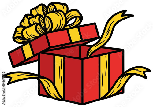 Open Red Gift Box with Yellow Ribbon and Bow.