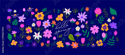 Spring flower clipart set with Hello Spring lettering on dark navy background. Hand-drawn naive art floral collection in vibrant pink, orange and purple tones.