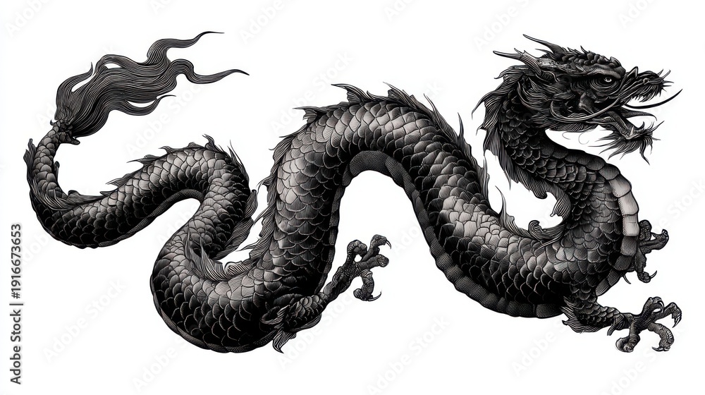 Fototapeta premium Black Chinese Dragon Illustration