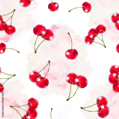 Foto Seamless watercolor cherry pattern with hand drawn red fruit on pink splash back