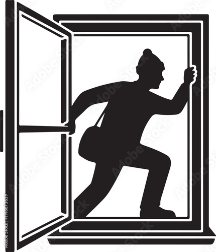 Minimalist black and white silhouette of a burglar exiting through a door