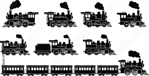 Vintage steam locomotive silhouettes, train cars collection, historical transportation, railway engines, passenger trains, mechanical design illustration concept