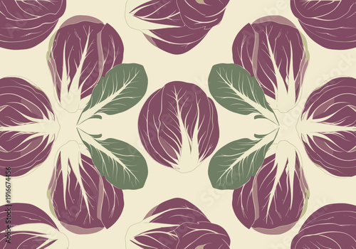 Seamless Pattern of Fresh Radicchio Leaves and Greens.